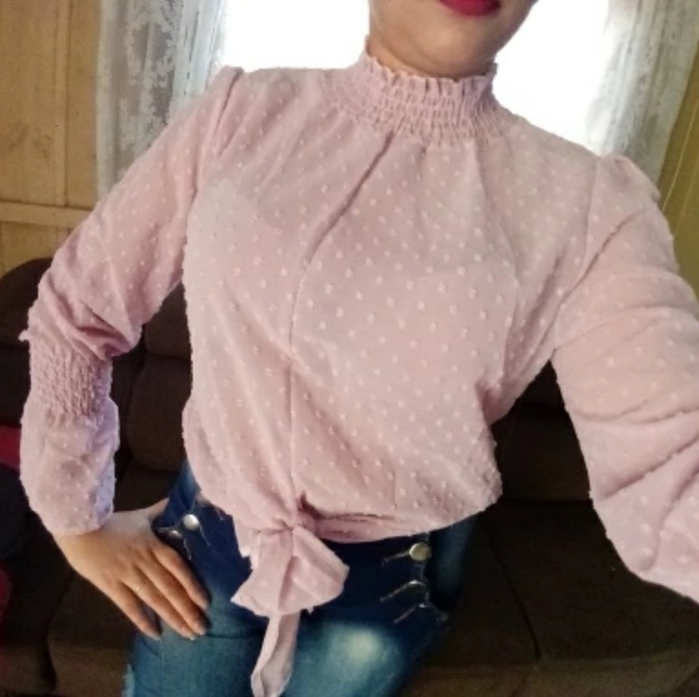 PINK POLKA DOT CROP TIE BLOUSE - Picture 5 of 5